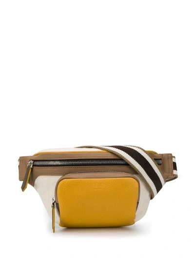 Fendi Ff Canvas Belt Bag In White With Yellow Pocket In Neutrals