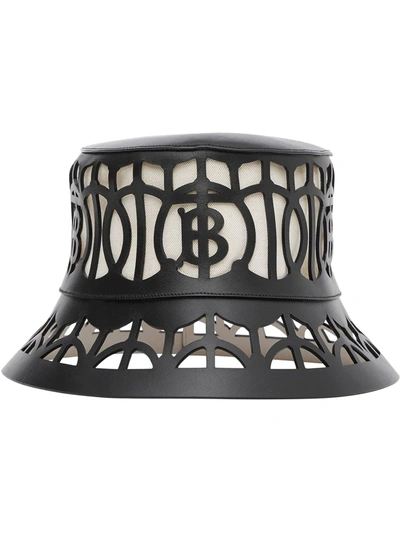 Burberry Monogram Motif Cut-out Leather Bucket Hat In Black