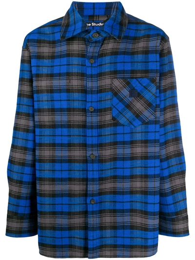 Acne Studios Check Print Face Patch Pocket Flannel Shirt In Blue