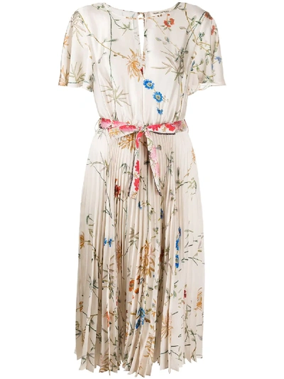 Semicouture Floral-print Pleated Satin Midi Dress In Neutrals
