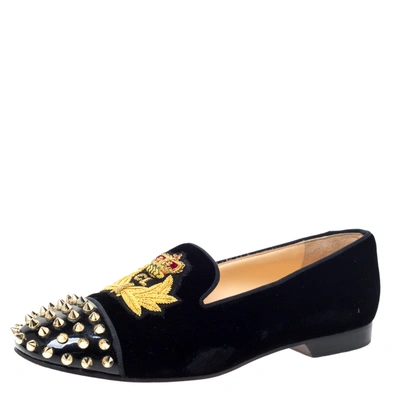 Pre-owned Christian Louboutin Black Velvet And Patent Spiked Cap Toe Harvanana Smoking Slippers Size 37.5