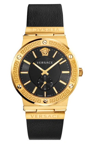 Versace Greca Logo Leather Strap Watch, 41mm In Gold