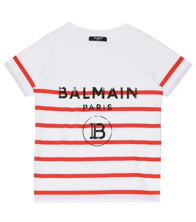 Balmain Kids' Logo Striped Cotton T-shirt In White