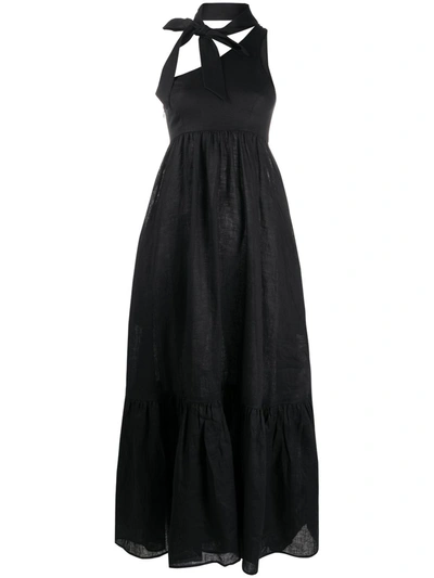 Zimmermann One-shoulder Sash-neck Linen Midi Dress In Black