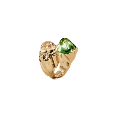Tory Burch Roxanne Statement Ring In Rolled Brass/green