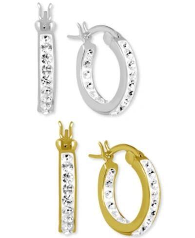 Essentials 2-pc. Set Small Crystal Hoop Earrings In Fine Silver-plate & Gold-plate, 0.65" In Two Tone