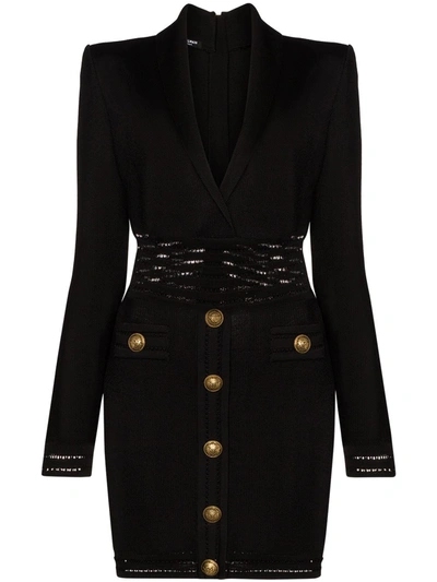 Balmain Short Ls Buttoned Viscose Knit Dress In Black