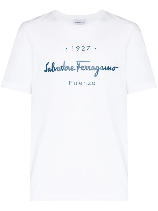 Salvatore Ferragamo Logo Print Short Sleeve T Shirt In White Modesens