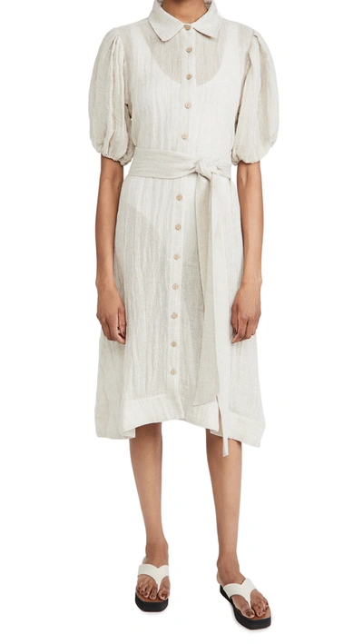 Lisa Marie Fernandez Gathered-sleeve Linen-blend Calico Shirt Dress In Off White