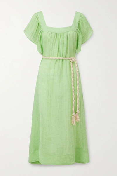 Lisa Marie Fernandez Muu Muu Belted Linen-blend Gauze Midi Dress In Bright Green