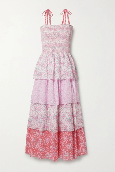 Loveshackfancy Caressa Shirred Tiered Floral-print Swiss-dot Cotton Maxi Dress In Strawberry