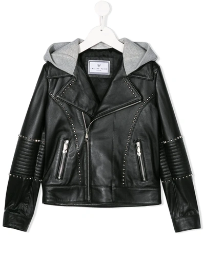 Philipp Plein Kids' Hooded Biker Jacket In Black