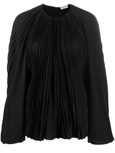 Saint Laurent Silk Balloon Sleeve Pleated Blouse In Black