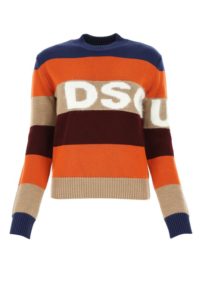 Dsquared2 Striped Wool Blend Logo Jumper In Multicolor