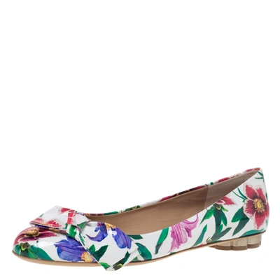 Pre-owned Ferragamo White Floral Print Patent Leather Avola Bow Ballet Flats Size 39.5
