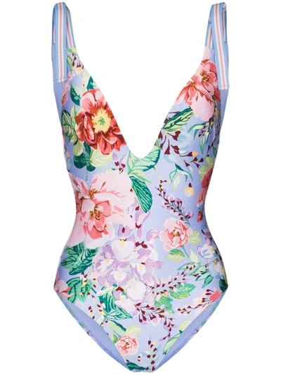 Zimmermann Bellitude Floral Tie-shoulder Swimsuit In Blue