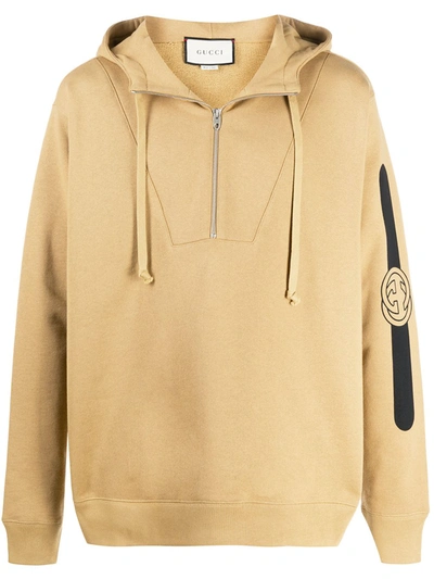 Gucci Logo Print Hooded Sweatshirt In Beige