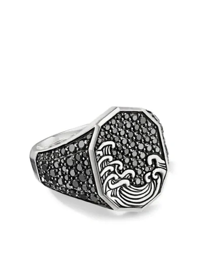 David Yurman Waves Signet Ring With Pave Black Diamonds In Black/silver