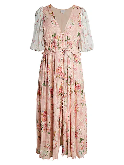 Hemant & Nandita Floral Puff-sleeve Midi Dress In Blush Pink