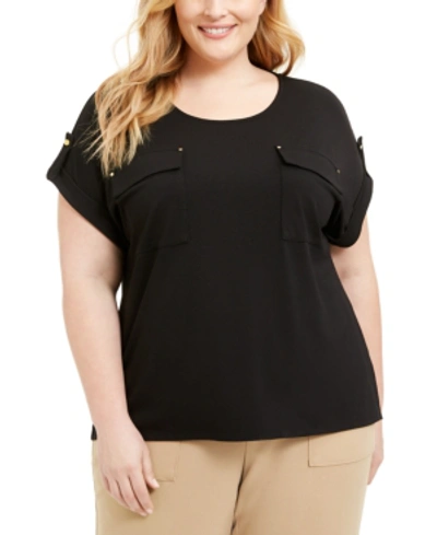 Adrienne Vittadini Plus Size Patch-pockets Top In Black