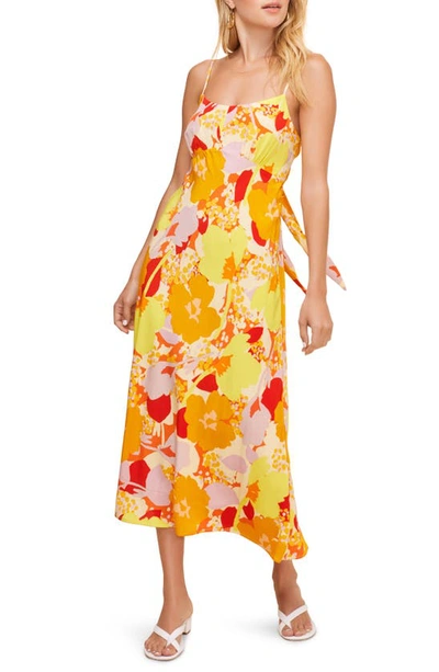 Astr Charisma Tie Back Sleeveless Midi Dress In Yellow Orange Tropical Floral