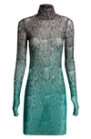 Afrm Mari Print Long Sleeve Turtleneck Mesh Body-con Dress In Teal Ombre Tie Dye