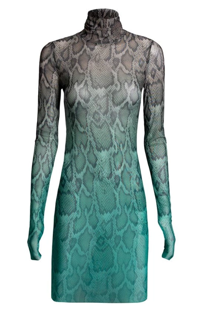 Afrm Mari Print Long Sleeve Turtleneck Mesh Body-con Dress In Teal Ombre Tie Dye