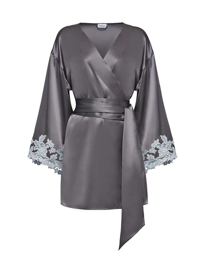 La Perla Maison Embroidered Short Silk Robe In Grey Light Grey