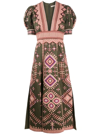 Ulla Johnson Amaria Beaded Embroidered Cotton And Linen-blend Twill Midi Dress In Army Green