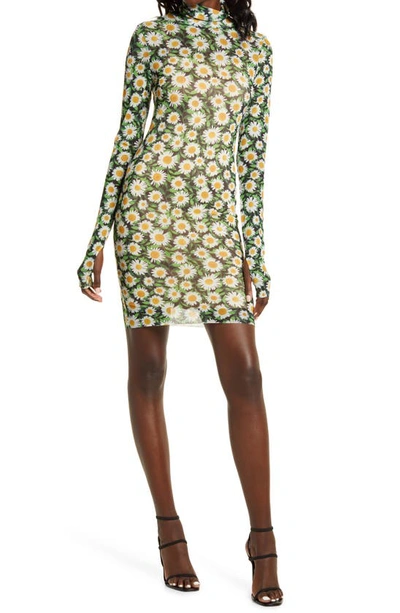 Afrm Mari Print Long Sleeve Turtleneck Mesh Body-con Dress In Spring Daisy