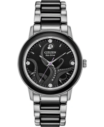 Citizen Disney By  Ursula Diamond-accent Stainless Steel & Black Ceramic Bracelet Watch 36mm In Silver-tone