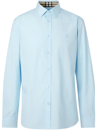 Burberry Sherwood Monogram Motif Slim Fit Stretch Poplin Button-up Shirt In Blue