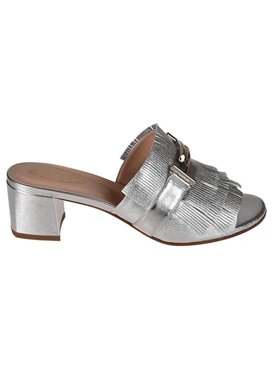 Tod's Silver Open Fringed Sandals In Leather