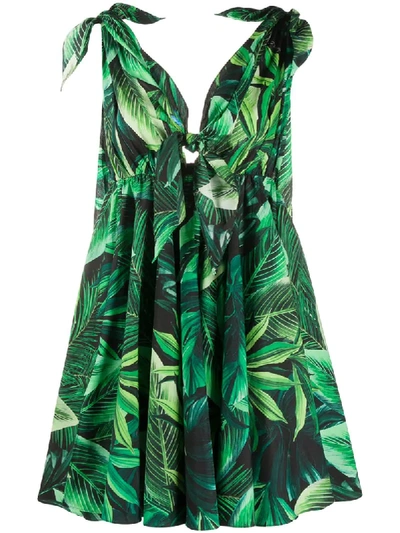Dolce & Gabbana Short Poplin Dress With Leaf Print In Green