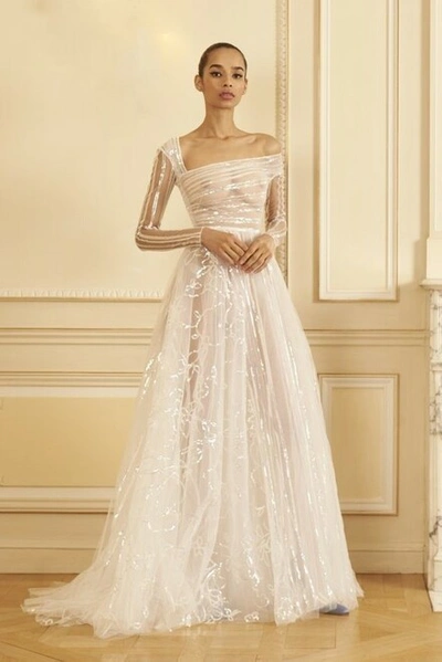 Georges Hobeika Beaded Tulle Long Sleeve Gown