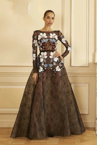 Georges Hobeika Long Sleeve Beaded Lace A-line Gown