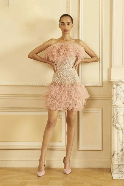 Georges Hobeika Strapless Beaded Feathered Tulle Dress