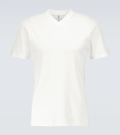 Brunello Cucinelli Short-sleeved Cotton V-neck T-shirt In White