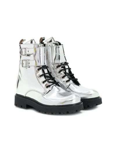 Balmain Kids' Metallic Leather Ankle Boots In Silver