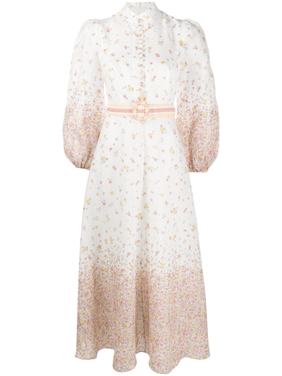 Zimmermann Carnaby Belted Floral-print Linen Midi Dress In Ditsy Peach