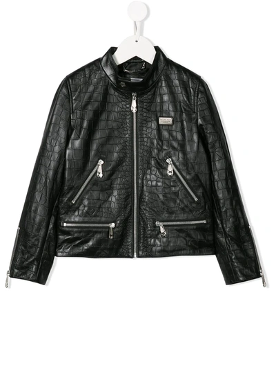 Philipp Plein Junior Kids' Statement Moto Leather Jacket In Black