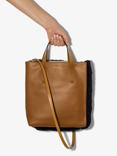 Marni Brown Museo Leather Shearling Tote Bag