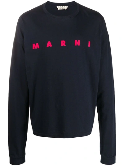 Marni Logo Long-sleeved T-shirt In Blue