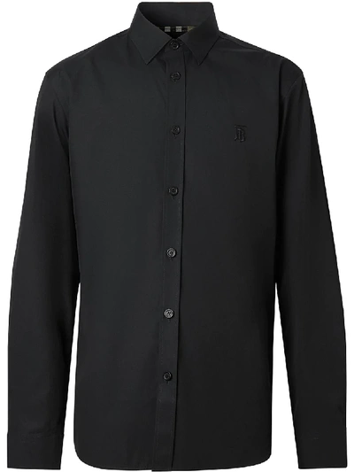 Burberry Sherwood Monogram Motif Slim Fit Stretch Poplin Button-up Shirt In Black