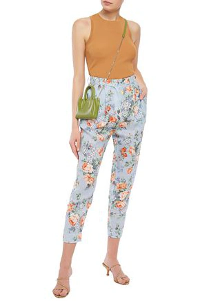 Zimmermann Floral-print Linen-gauze Tapered Pants In Light Blue