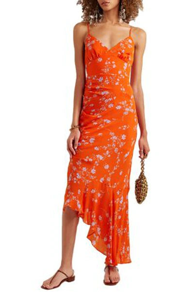 Nicholas Asymmetric Ruched Printed Silk-chiffon Midi Slip Dress In Tomato Red