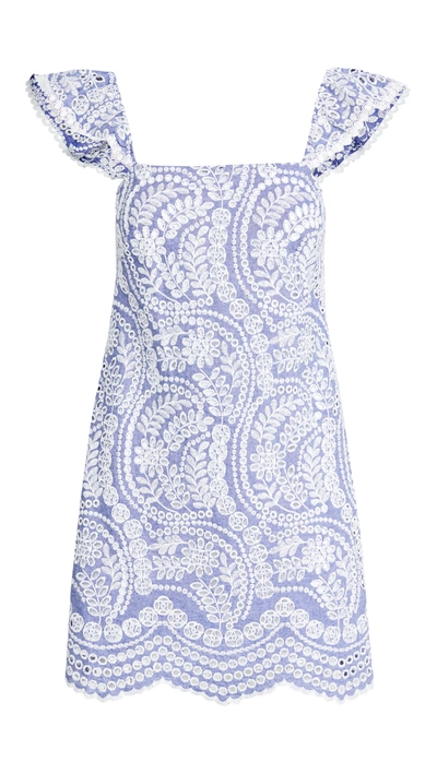 Alice And Olivia Honor Flutter Sleeve Cotton Eyelet Dress In Chambray