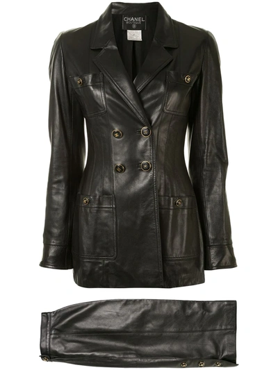 Pre-owned Chanel 1995 Leather Double-breasted Skirt Suit In Black