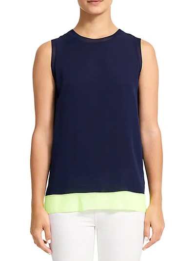 Theory Lewie Silk Tank Top In Navy Neon Yellow