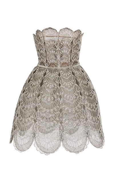 Oscar De La Renta Broderie Anglaise Strapless Mini Dress In Silver